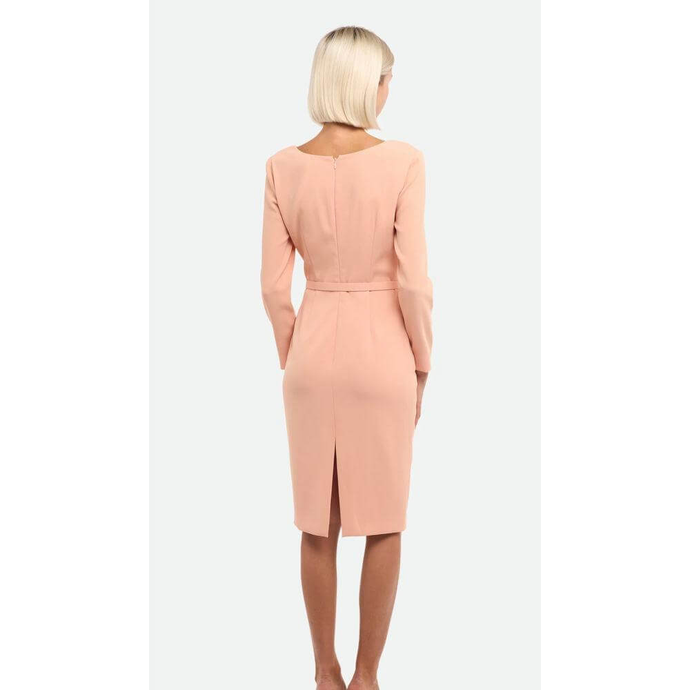 Back view of Pinko pink polyester dress with three-quarter sleeves and removable logoed belt, worn by model, showcasing the back zipper closure.