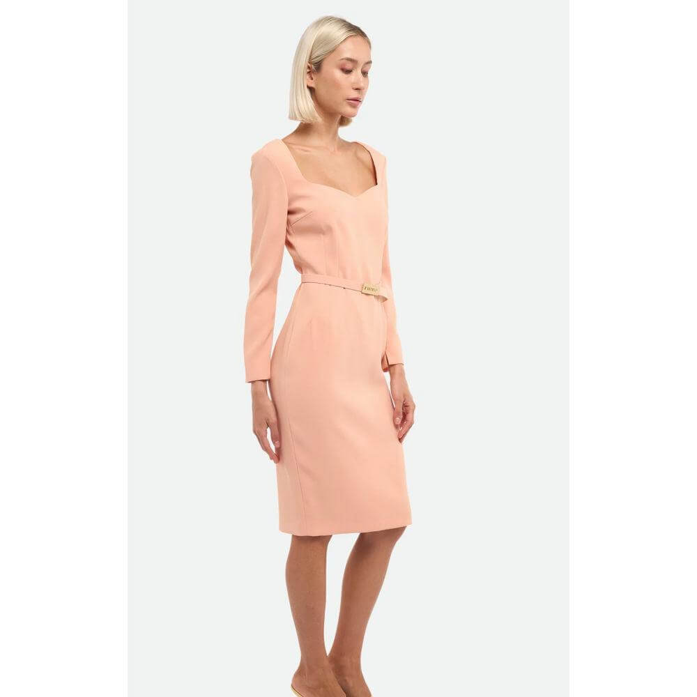 Alt Tag: Pinko pink polyester dress with three-quarter sleeves, round neckline, removable logoed belt, and back zipper closure.