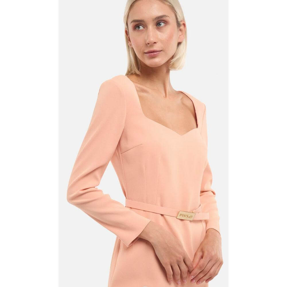 Alt Tag: Pinko pink polyester dress with three-quarter sleeves, round neckline, removable logoed belt, and back zipper closure.