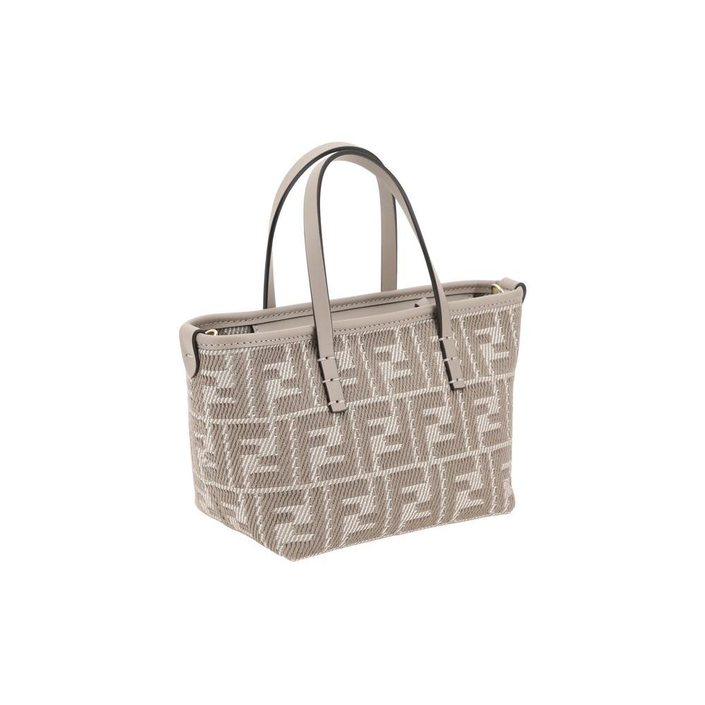 Fendi Roll Mini Handbag with jacquard fabric, FF pattern, leather handles, adjustable shoulder strap, zip closure, chic accessory.