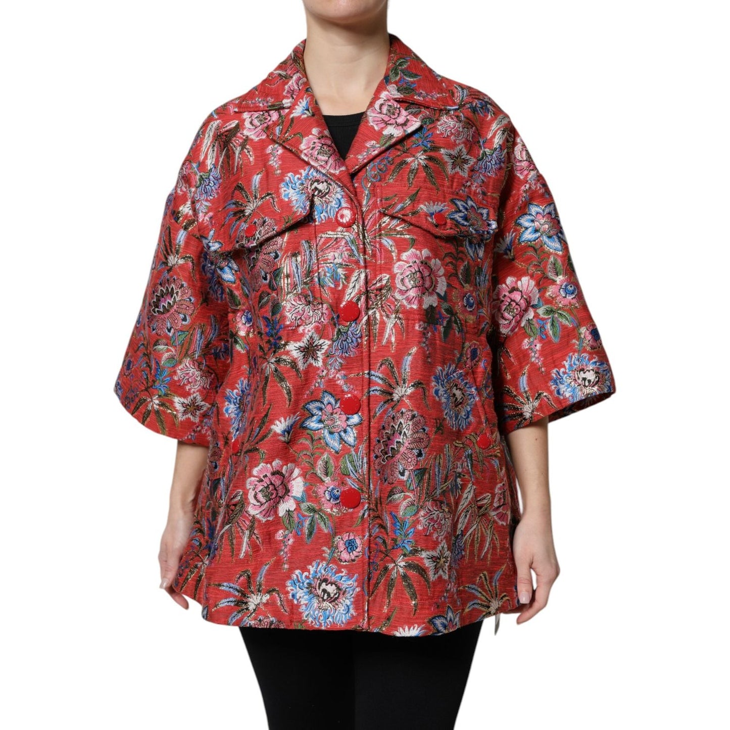 Dolce & Gabbana red floral jacquard coat jacket with button down closure, featuring 3/4 sleeves and logo details. Made in Italy.