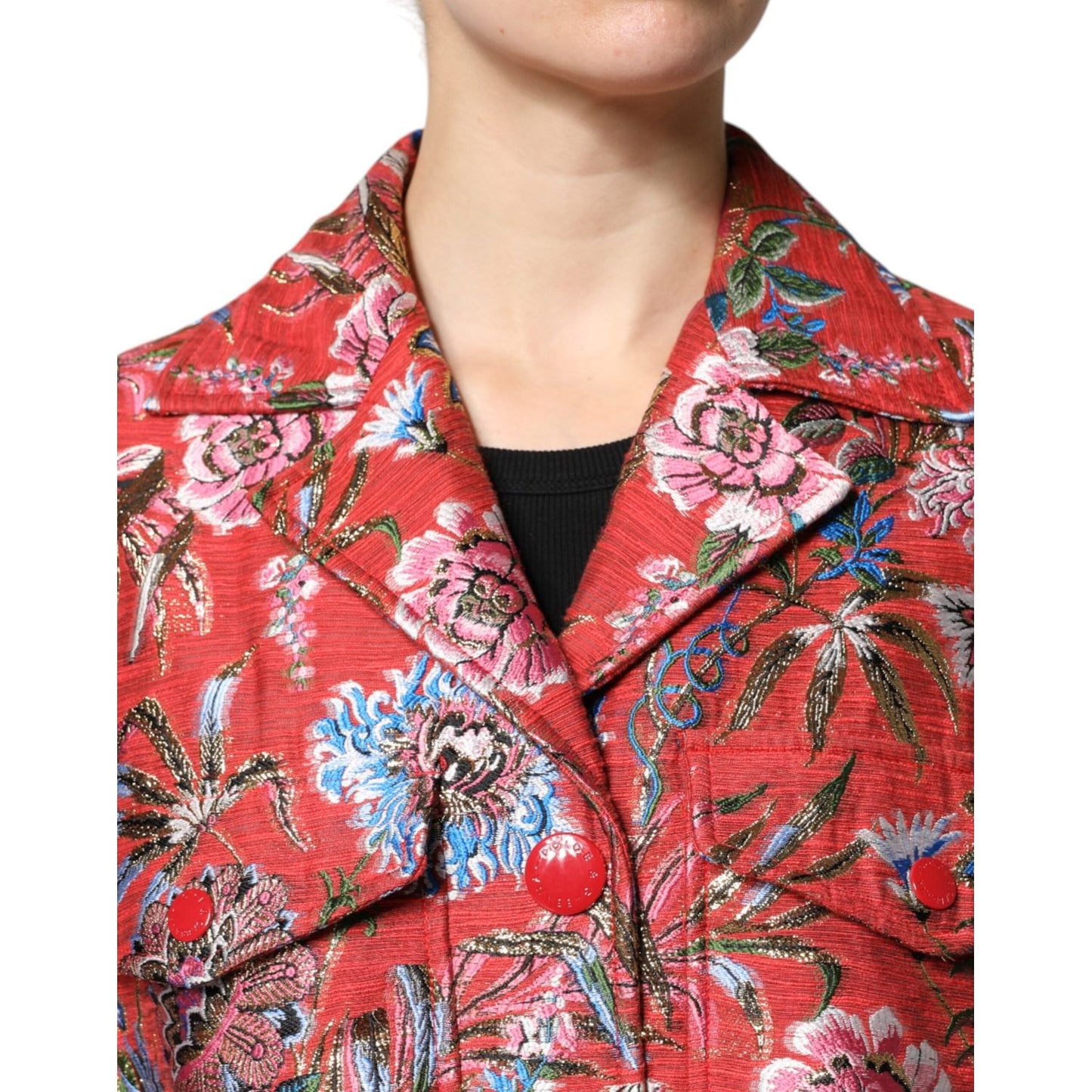 Dolce & Gabbana red floral jacquard button-down coat jacket with 3/4 sleeves and exclusive design, showcasing luxury craftsmanship.