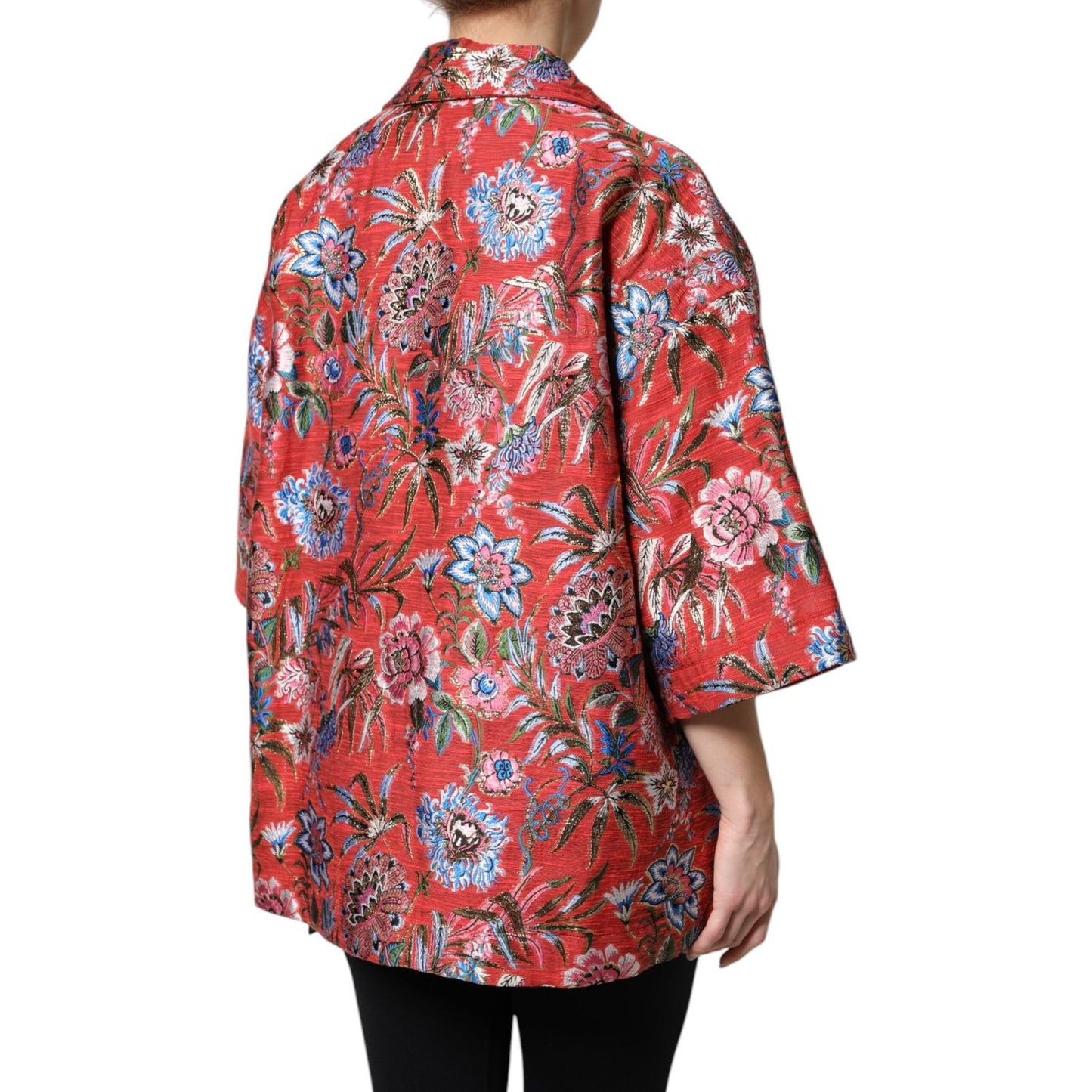 Dolce & Gabbana red floral jacquard coat jacket with 3/4 sleeves, luxury fashion, button closure, made in Italy boutique clothing.