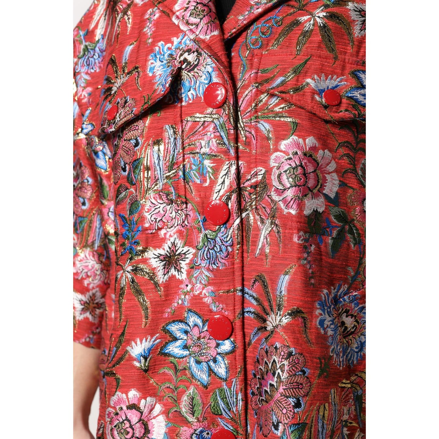 Dolce & Gabbana red floral jacquard button down coat jacket, featuring vibrant floral patterns, button closure, and 3/4 sleeves.
