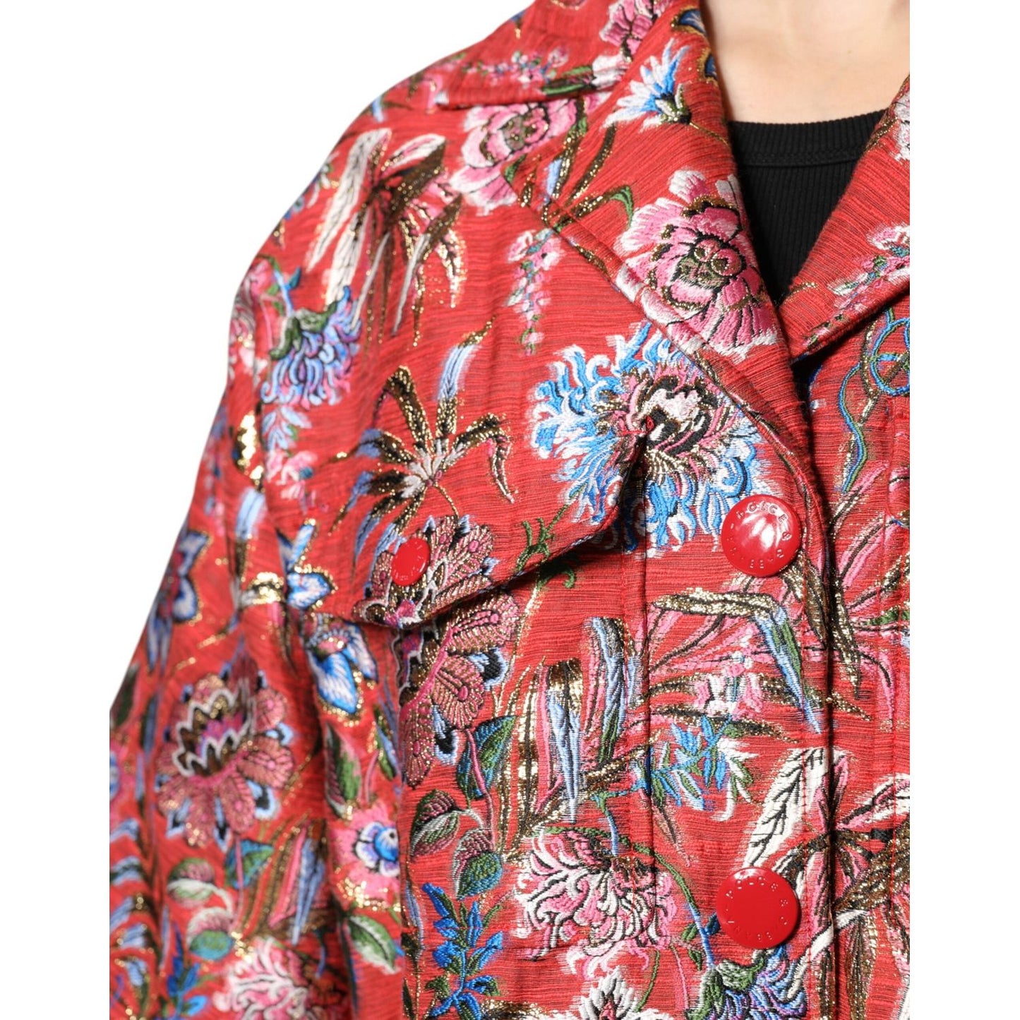 Dolce & Gabbana red floral jacquard button down coat jacket with vibrant design, showcasing detailed floral patterns and button closure.