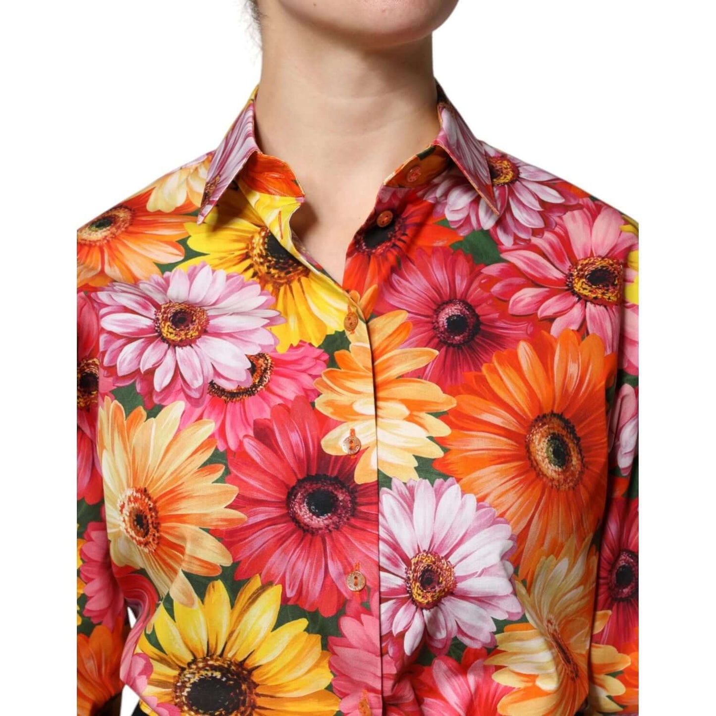 Dolce & Gabbana multicolor floral cotton cropped blouse top, featuring long sleeves and button-down closure, made in Italy.