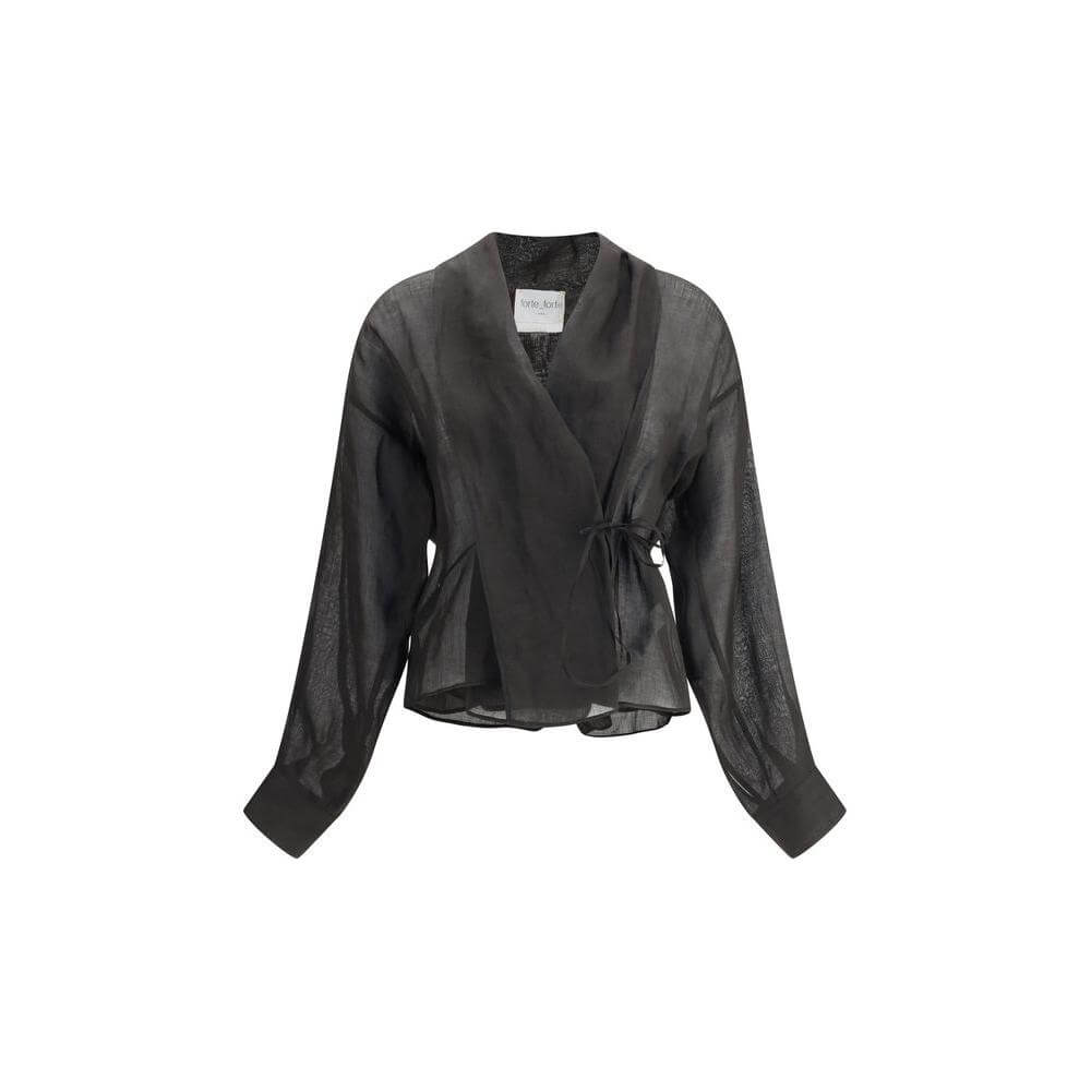 Forte_Forte Crossed Shirt with shawl lapels, dropped shoulders, and knotted ribbon front in semi-transparent fabric