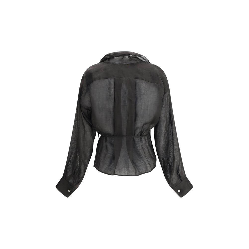 Back view of Forte_Forte Crossed Shirt with shawl lapels, dropped shoulders, and semi-transparent fabric for a sophisticated look.