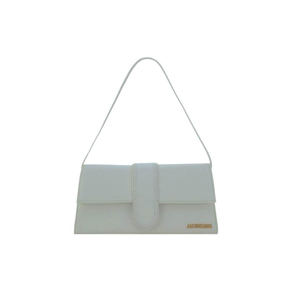 Jacquemus Le Bambino Long Shoulder Bag in white with geometric design and monogram plaque, featuring a flat top handle and strap.