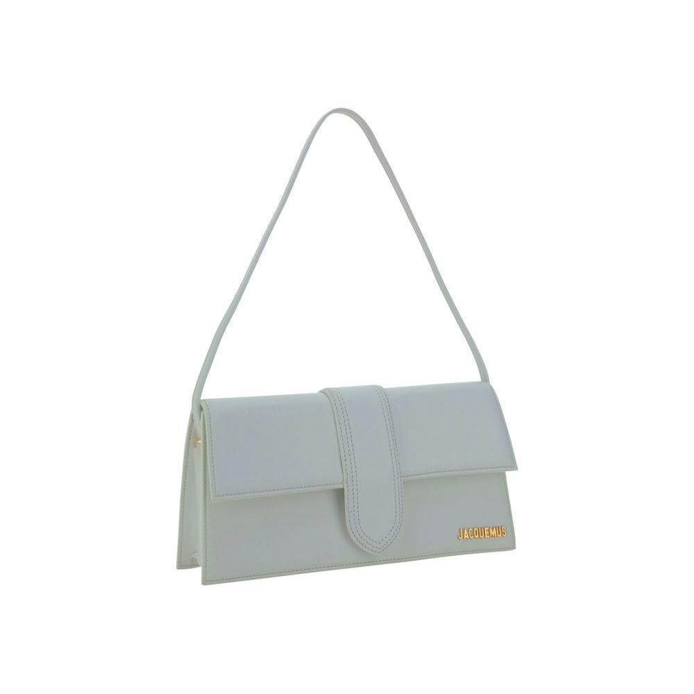 Jacquemus Le Bambino Long Shoulder Bag with geometric design and monogram plaque, featuring adjustable strap and flat top handle.