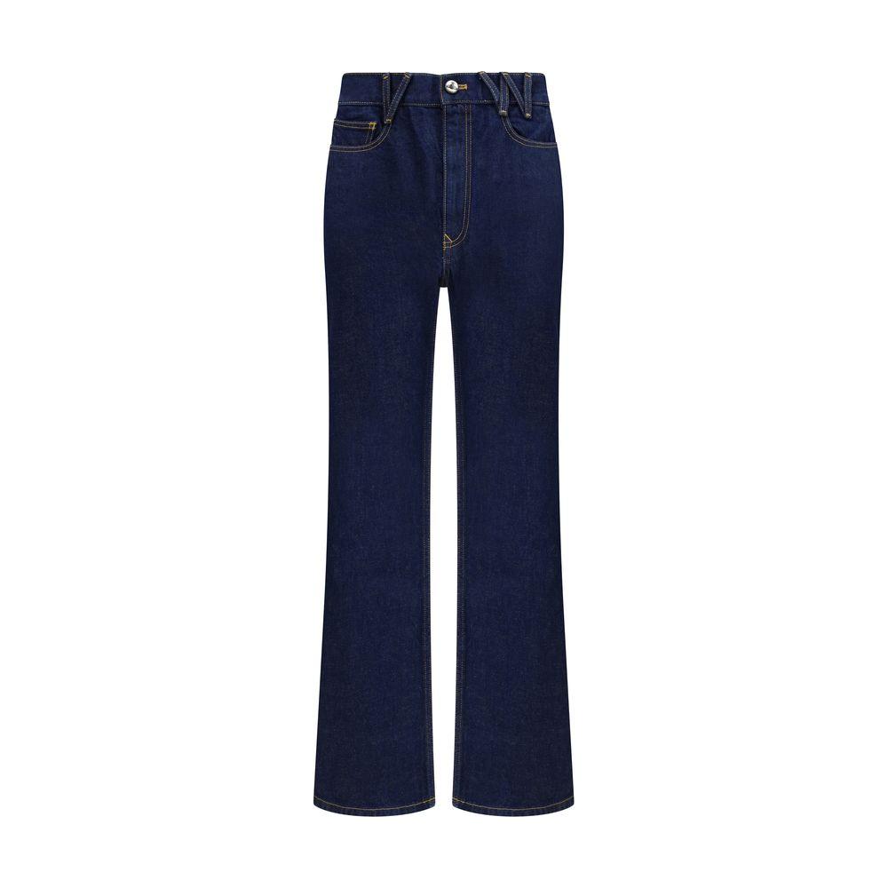 Vivienne Westwood flare jeans with high waistband, zip-and-button closure, and signature logo on back in dark denim.