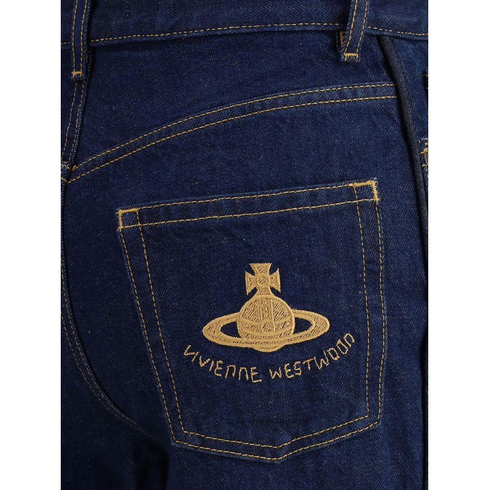 Back view of Vivienne Westwood flare jeans highlighting logo on pocket, five-pocket design, and dark denim finish.