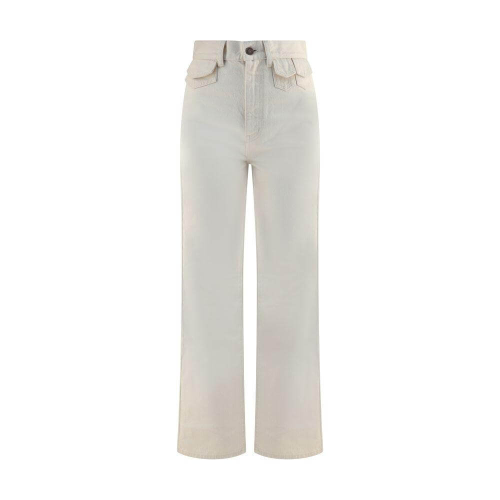 Chloé Jeans with mini pockets, modern fit, flared silhouette, zip-and-button closure, back patch pockets, chic style.