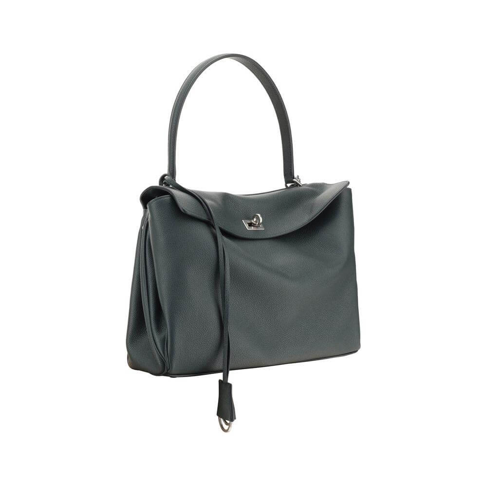 Balenciaga Rodeo Leather Shoulder Bag with top handle, front flap closure, and keychain detail in sleek design.