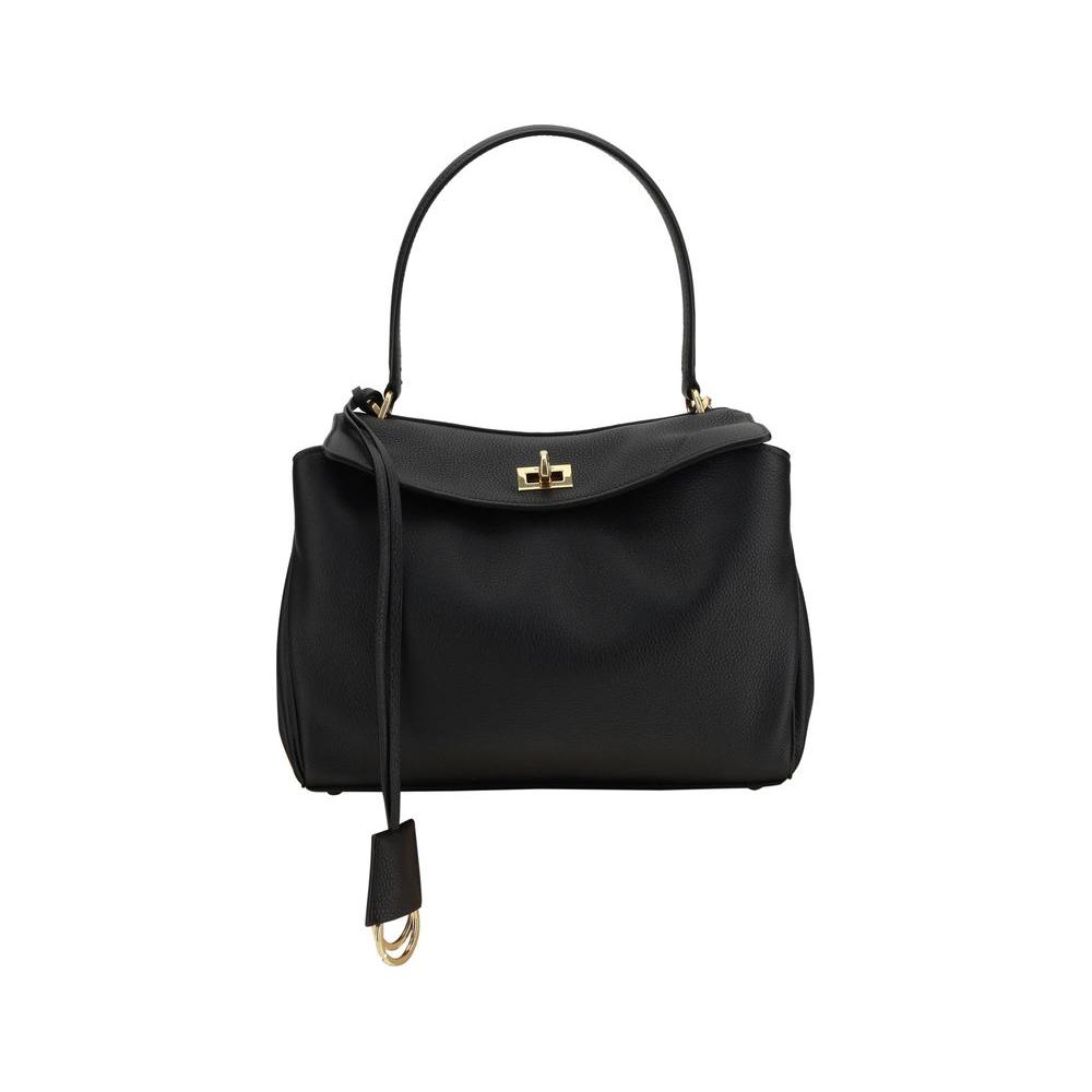 Balenciaga Rodeo Shoulder Bag in black leather with top handle and removable strap, featuring front flap with swivel closure.