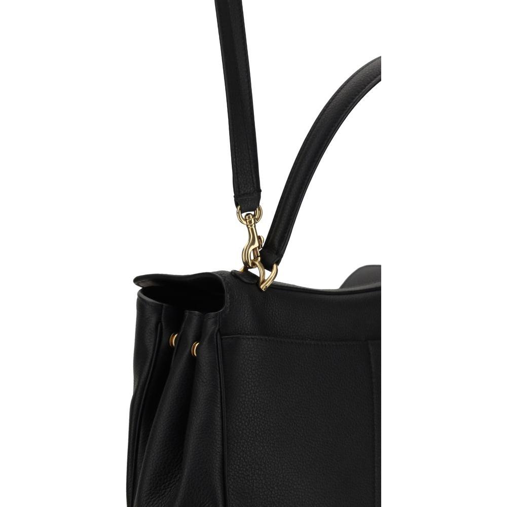 Balenciaga black leather Rodeo Shoulder Bag with flat handle, removable shoulder strap, and swivel closure, showcasing elegant design details.