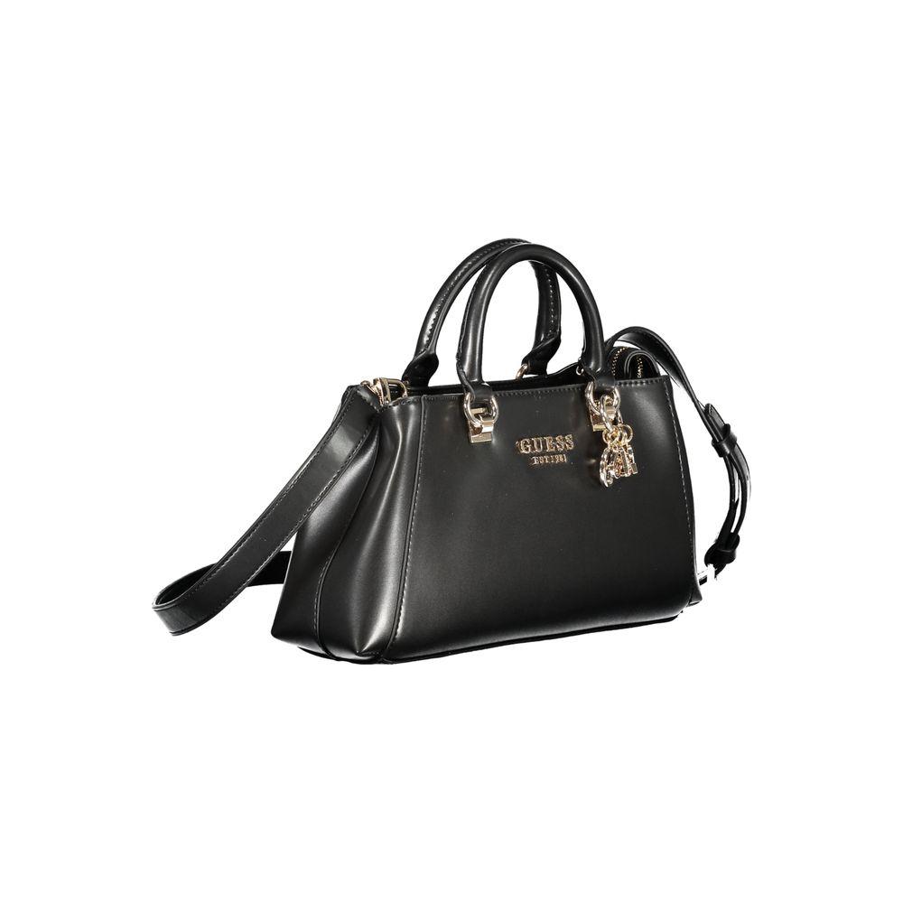 Guess Jeans black polyethylene handbag with two handles, adjustable strap, zip closure, and logo, featuring elegant contrasting details.