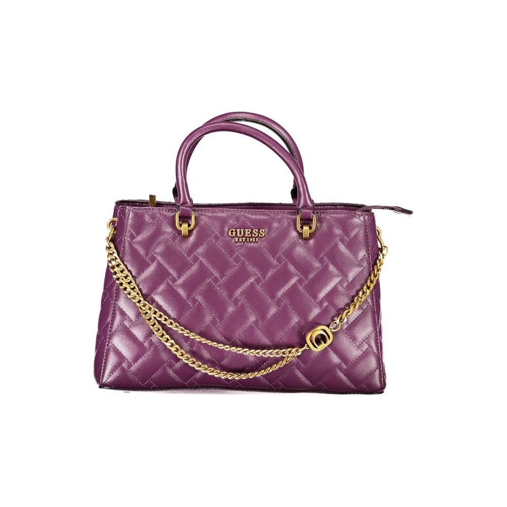 Guess Jeans Purple Handbag with Chain Detail and Logo, featuring Dual Handles, Adjustable Strap, and Multiple Pockets