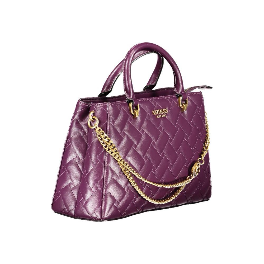 Guess Jeans purple handbag with double handles, removable shoulder strap, and quilted design featuring gold chain accents.
