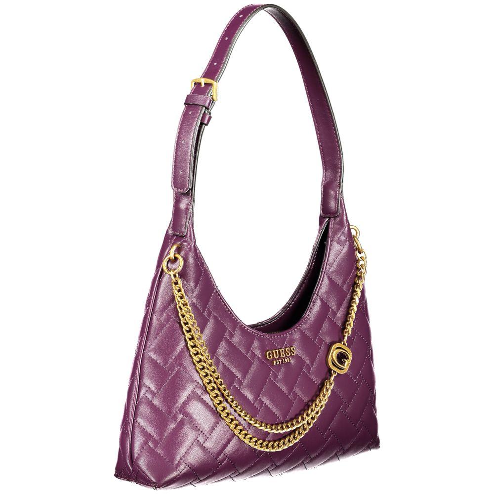 Guess Jeans purple polyethylene handbag with gold chain details, adjustable shoulder handle, and logo, featuring zip closure and pockets.