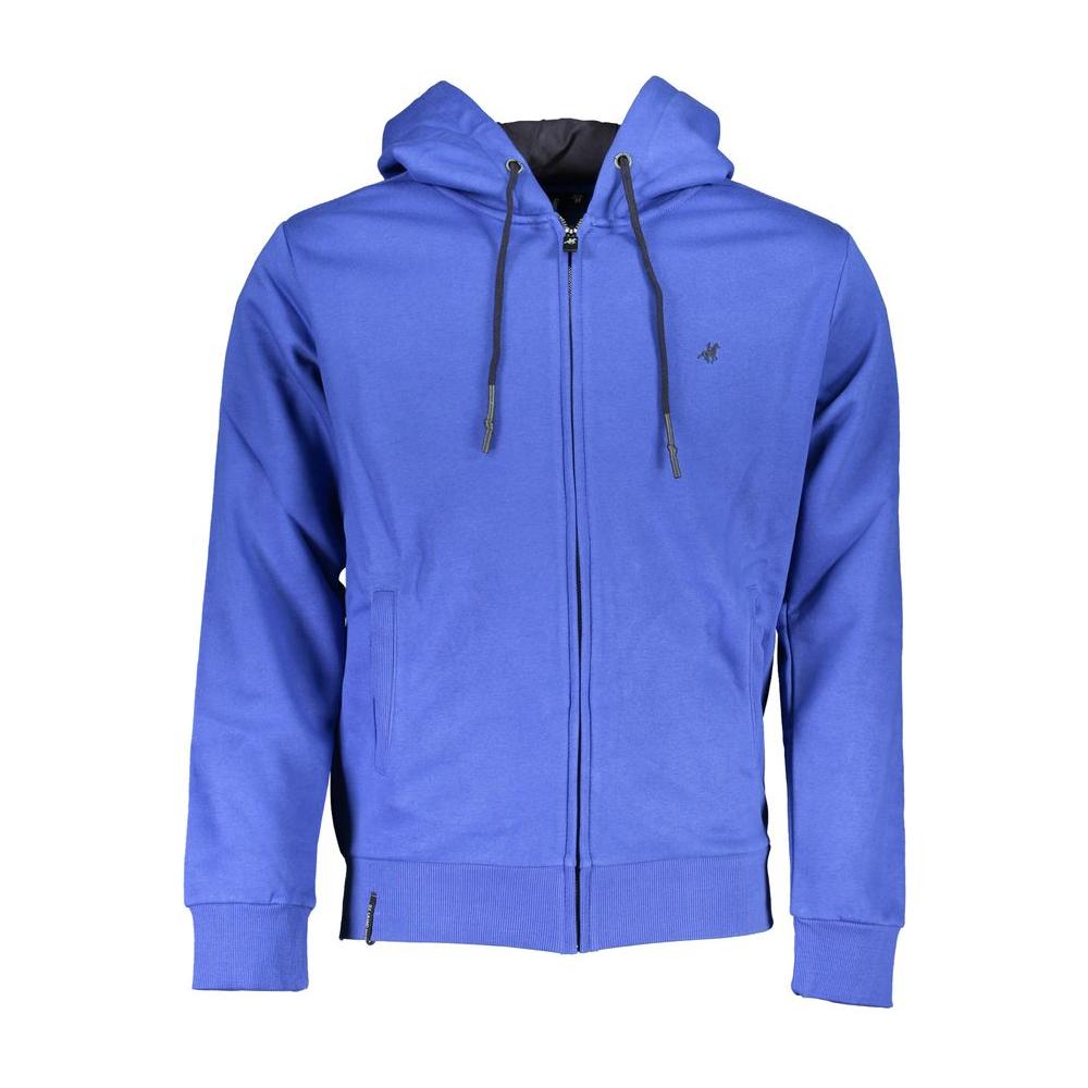 U.S. Grand Polo blue cotton sweater with hood, zip, and logo embroidery