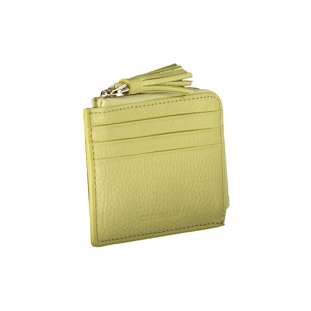 Coccinelle yellow leather wallet with card holder, central pocket, and double spaces for cards, featuring logo design.