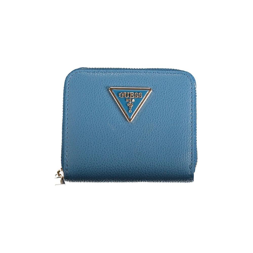 Blue Guess Jeans polyethylene wallet with zip closure, card slots, and logo on front.