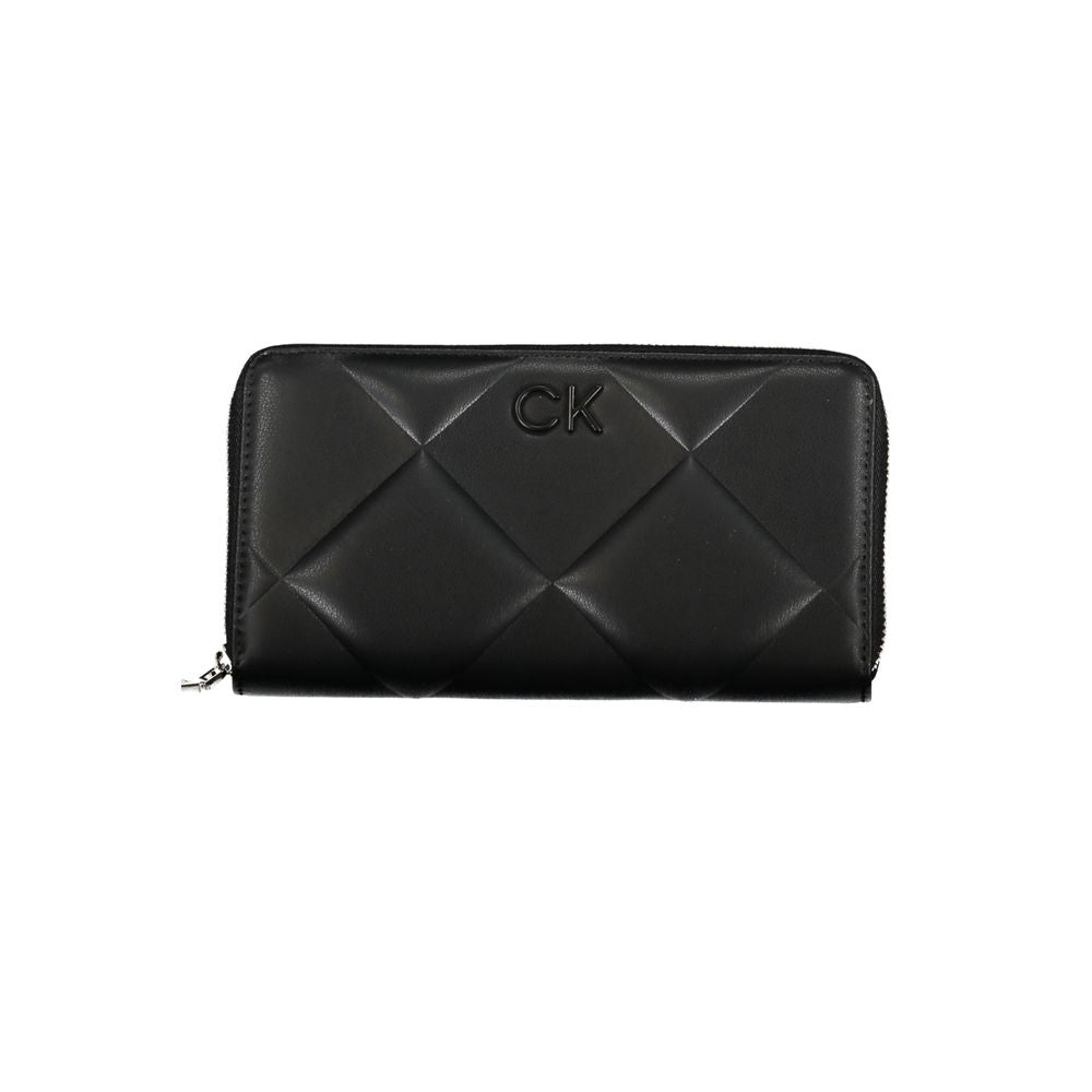 Calvin Klein black polyester wallet with zip closure, RFID blocking, embossed logo, and quilted design.