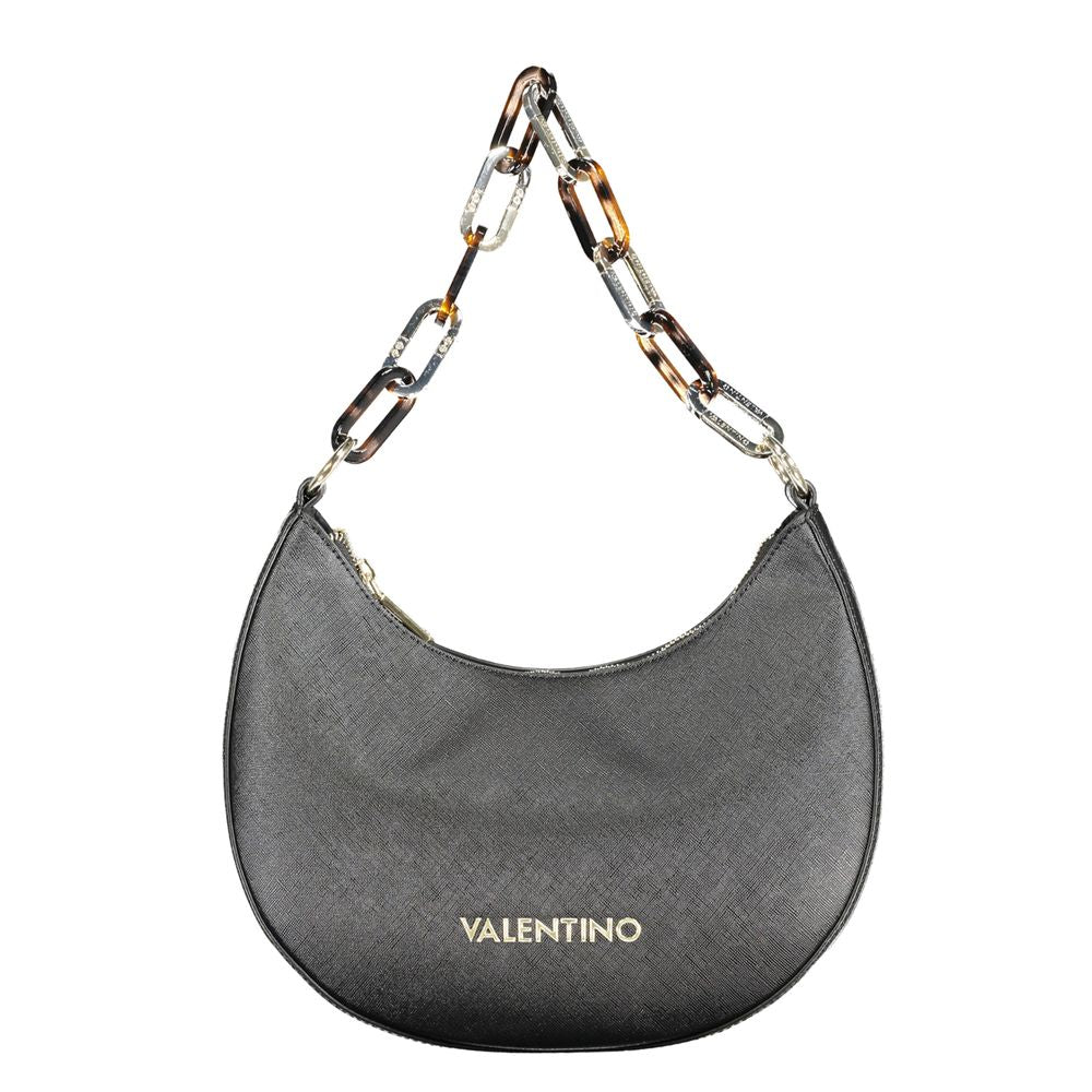 Black Valentino polyethylene handbag with removable chain shoulder handle, adjustable strap, internal pockets, and zip closure.