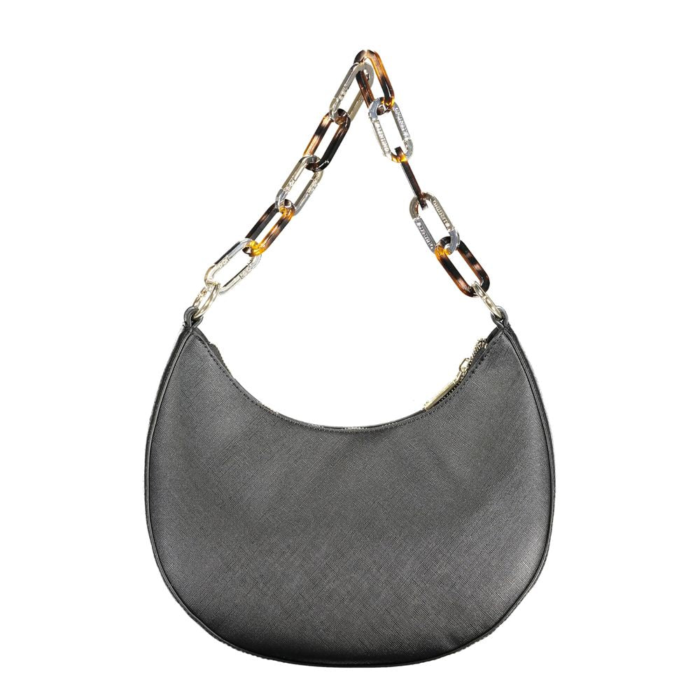 Valentino black polyethylene handbag with chain handle and adjustable strap, featuring dual inner pockets and zip closure.