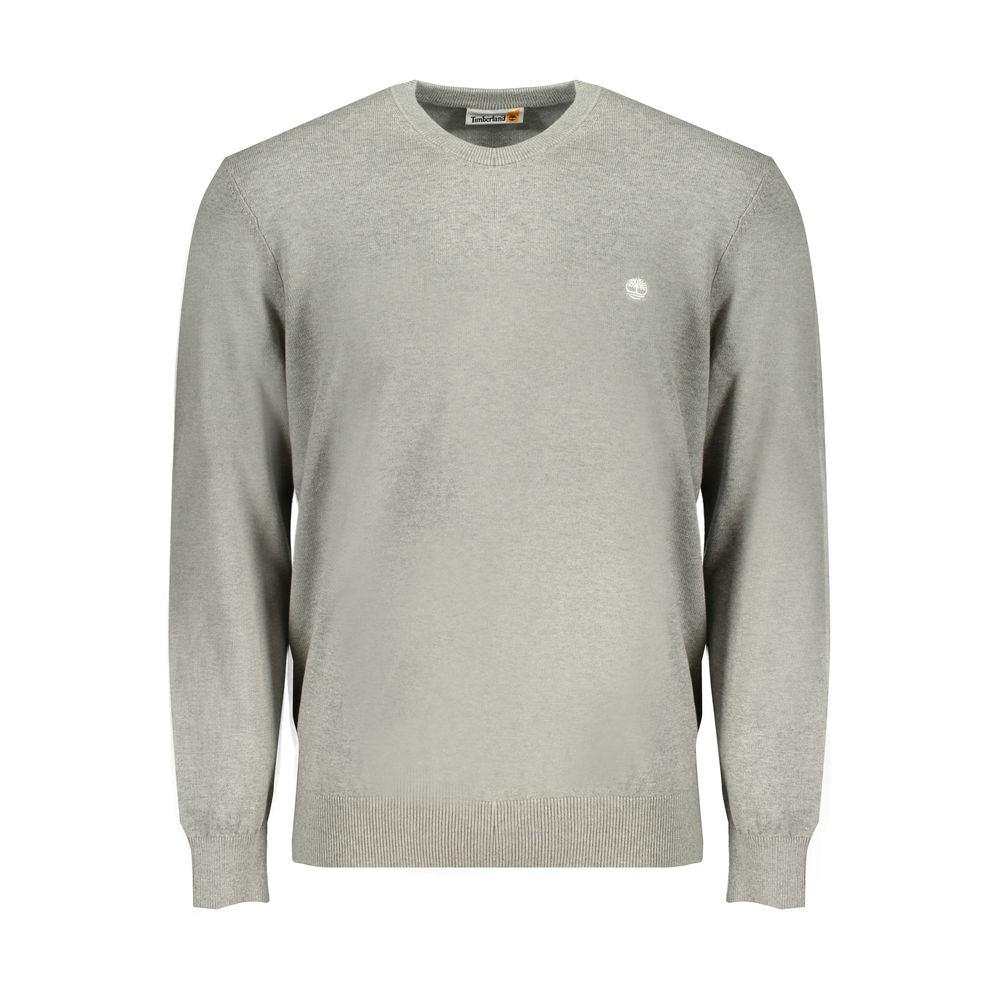 Timberland gray cotton sweater with long sleeves, crew neck, and logo. Made from 100% organic cotton. Perfect for casual wear.