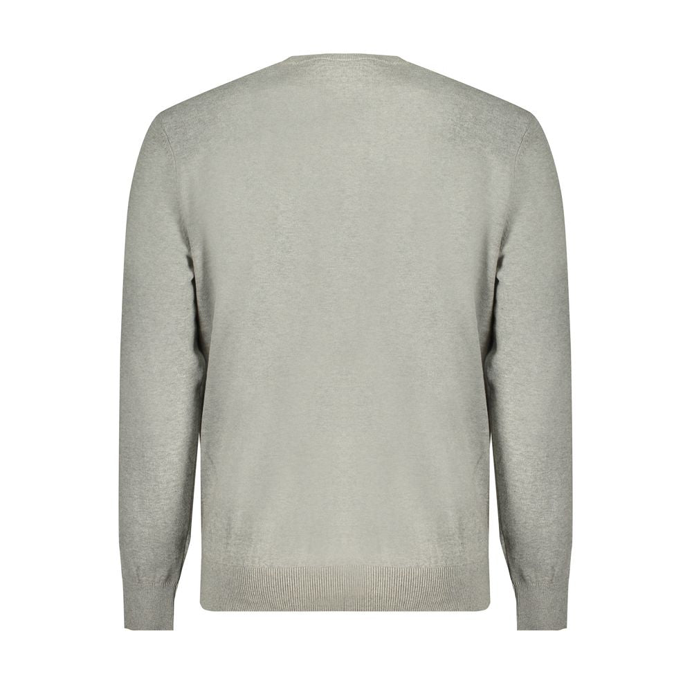 Back view of Timberland gray cotton sweater, long-sleeved, crew neck, with logo, made from 100% organic cotton.