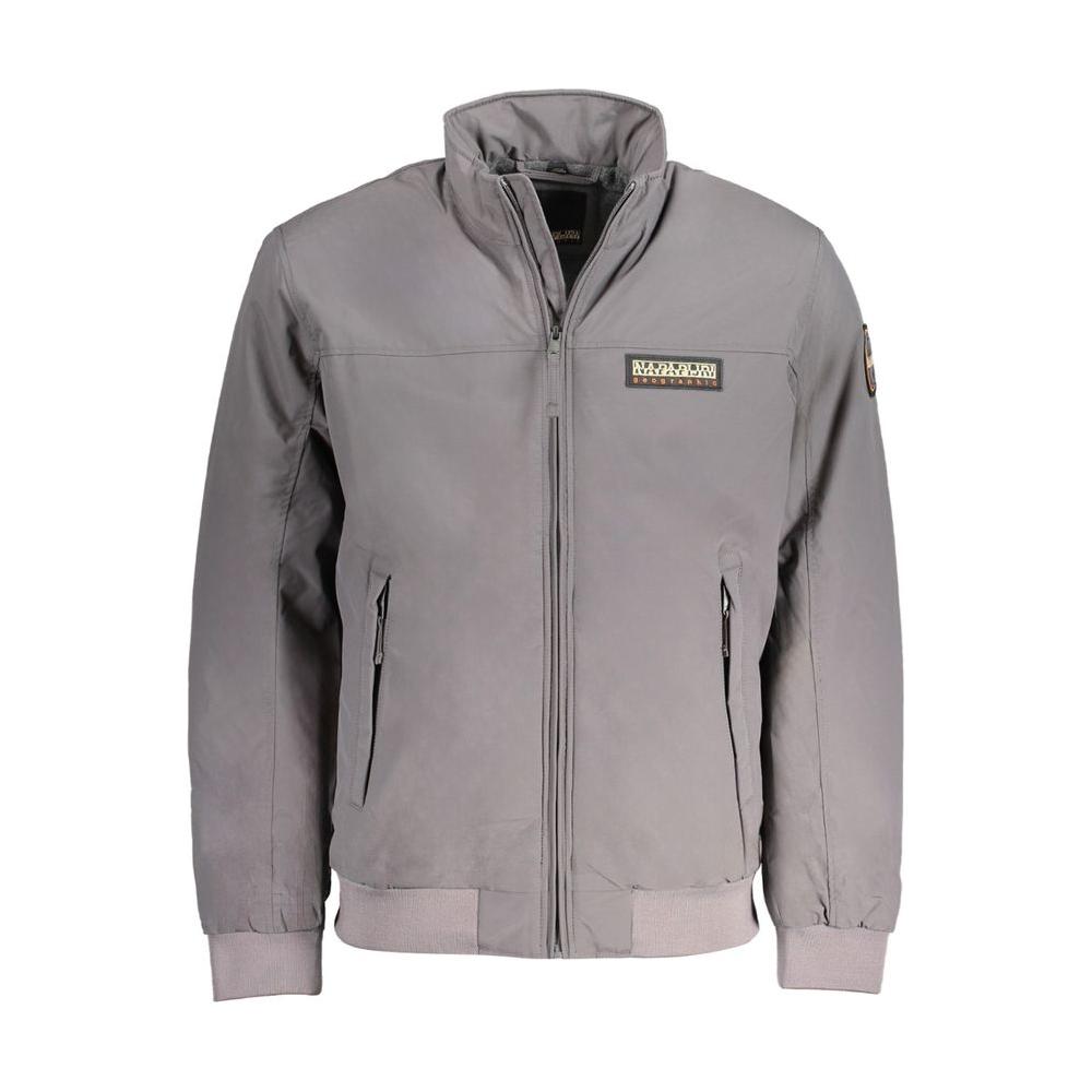 Napapijri gray polyamide jacket with long sleeves, regular fit, two external pockets, one internal pocket, zip, and logo patch.