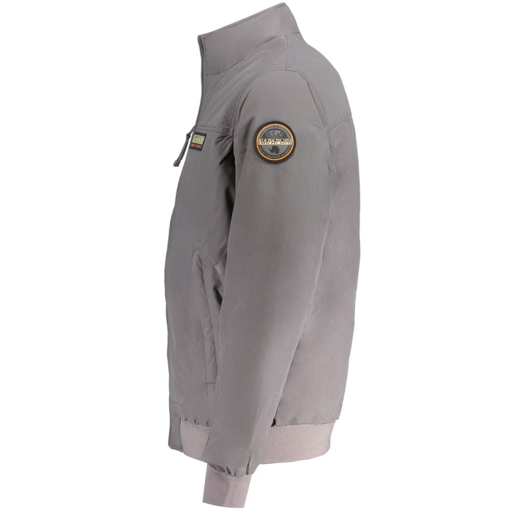 Napapijri gray polyamide jacket with long sleeves, regular fit, featuring 2 external and 1 internal pocket, logo patch, recycled materials