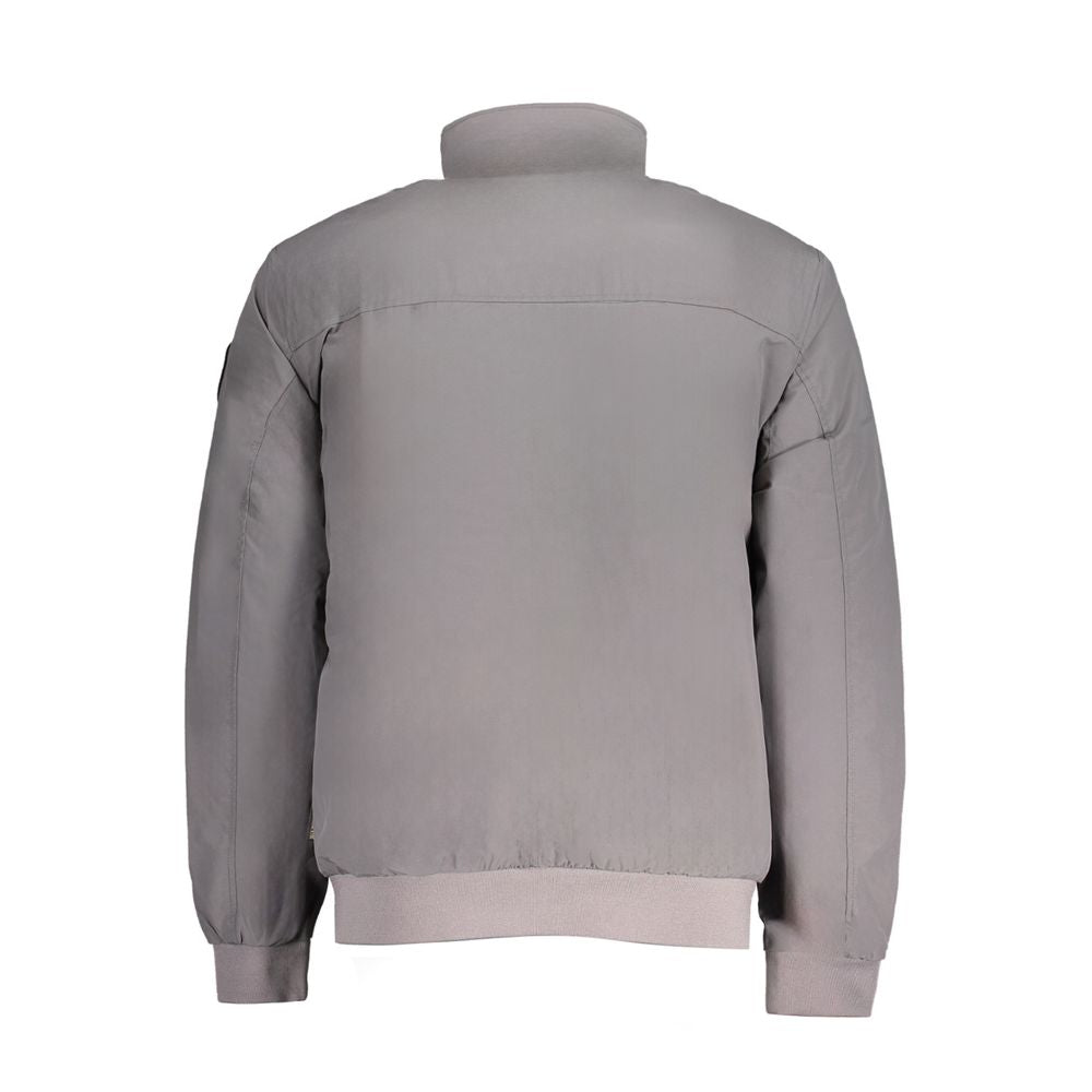 Napapijri gray polyamide jacket with long sleeves, regular fit, back view. Features recycled materials, external and internal pockets.