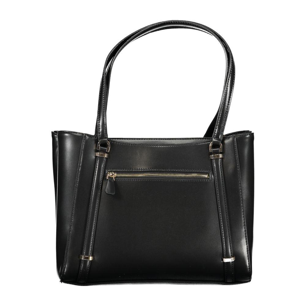 Guess Jeans black Daryna handbag with two shoulder handles, external pockets, zip closure, protective feet, and logo detail.