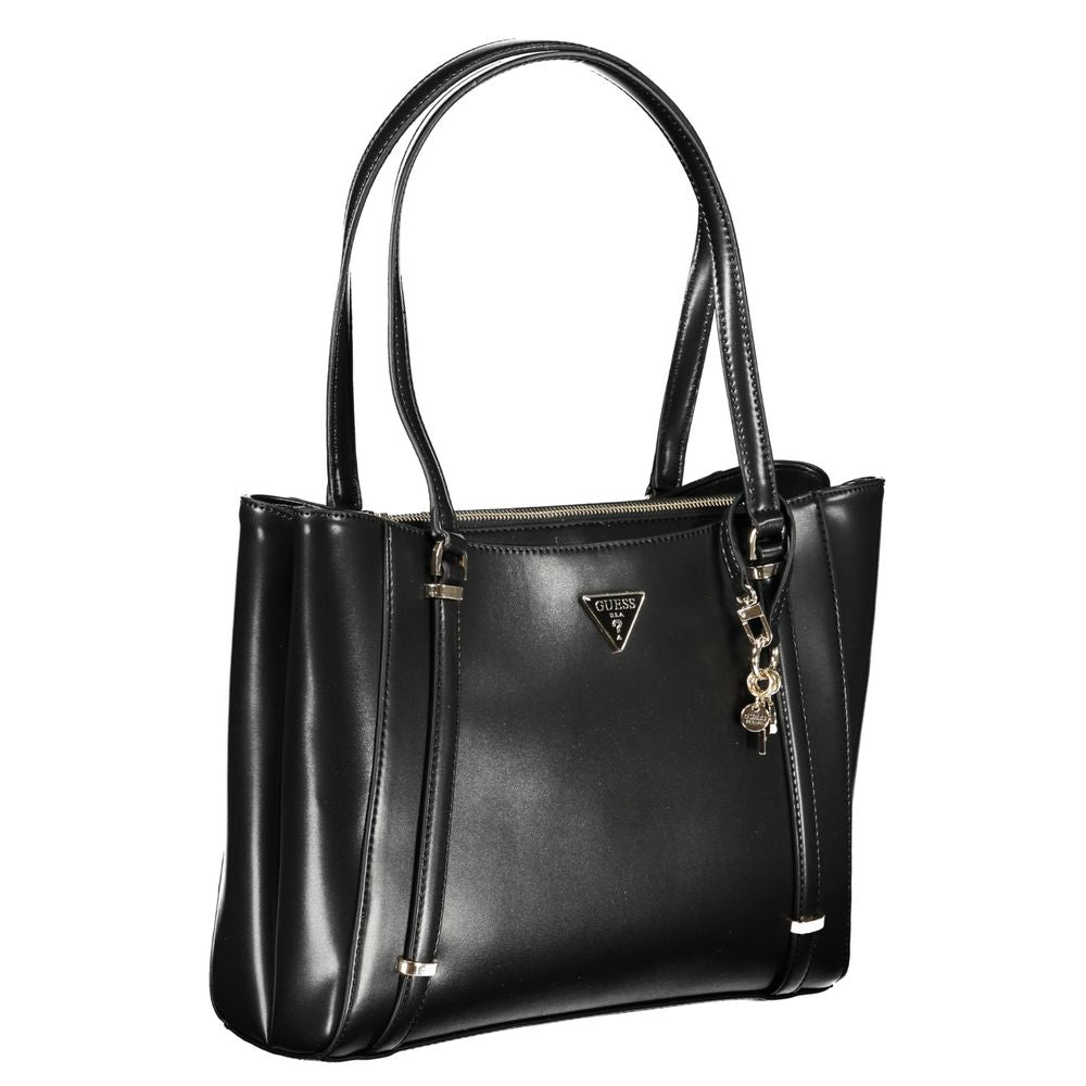Guess Black Polyethylene Handbag with Dual Handles and Logo, Featuring External Pockets, Multiple Compartments, and Protective Feet.