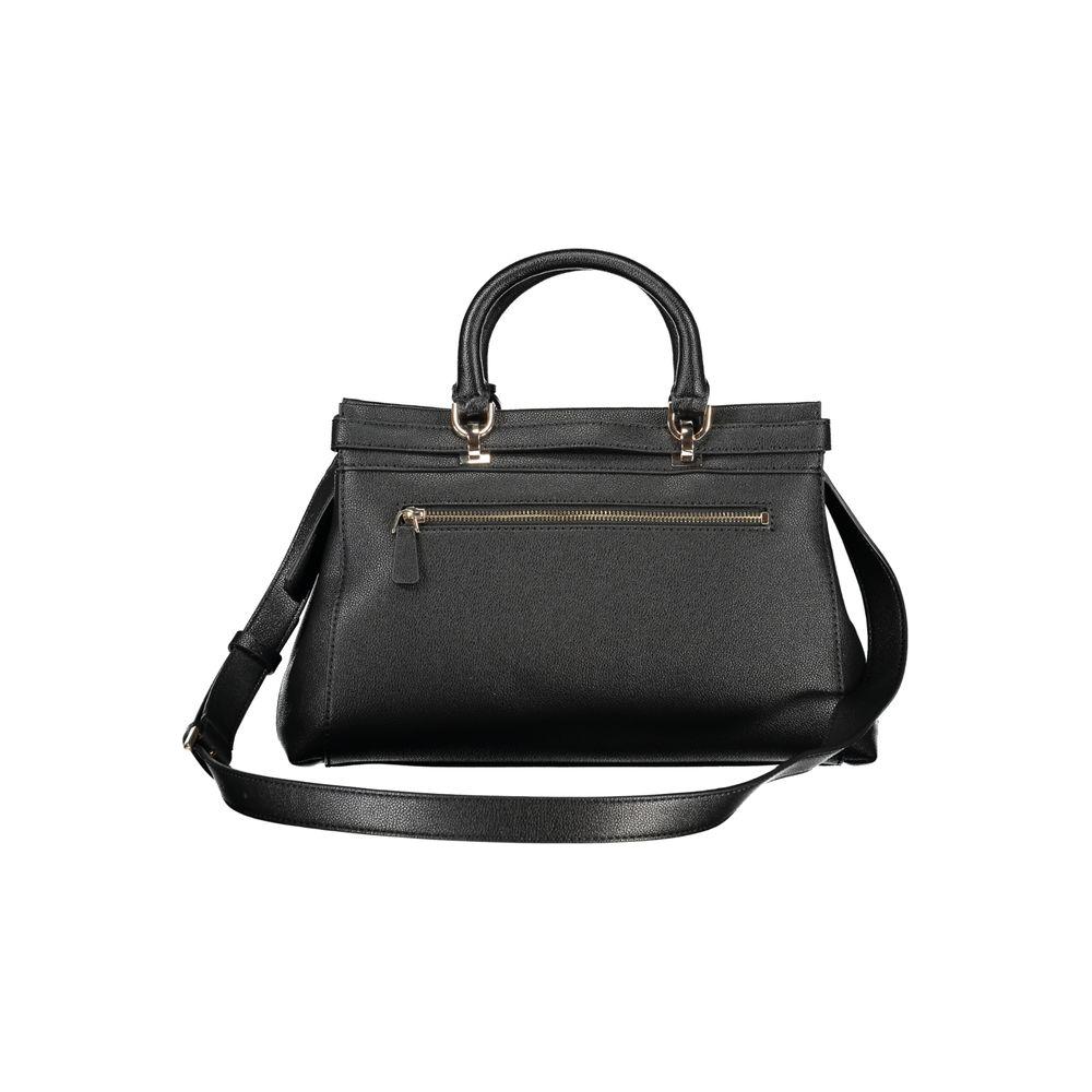 Black Guess Jeans ECO ALI women's handbag with zipper pocket, dual handles, and shoulder strap, showcasing eco-conscious style.