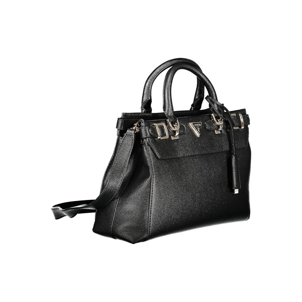Guess Jeans black polyethylene women's handbag with eco-friendly design, featuring dual compartments and chic handles.