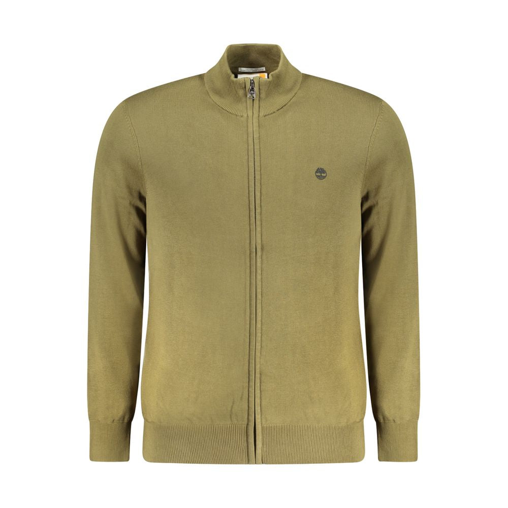 Timberland green cotton men’s sweater with zipper, long sleeves, and logo, eco-friendly organic material, stylish and sustainable design.