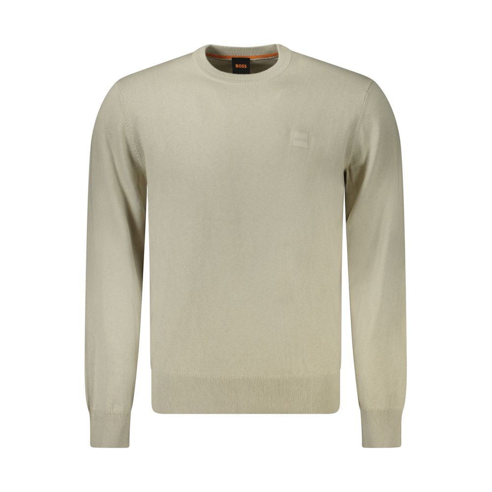 Hugo Boss beige cotton men sweater with cashmere blend, featuring long sleeves, crew neck, and subtle logo. Perfect for a chic look.