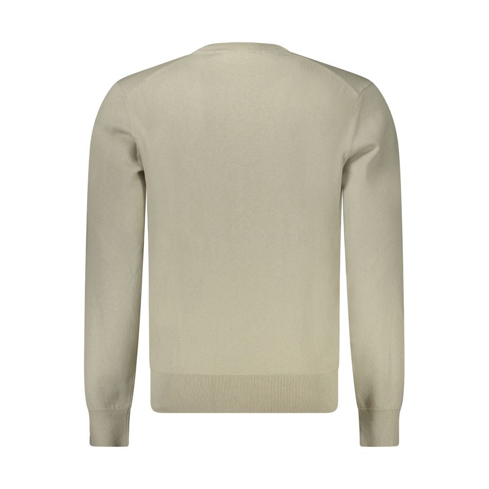 Hugo Boss beige cotton blend men's sweater with long sleeves and a classic crew neck, showcasing a subtle logo on the back view.