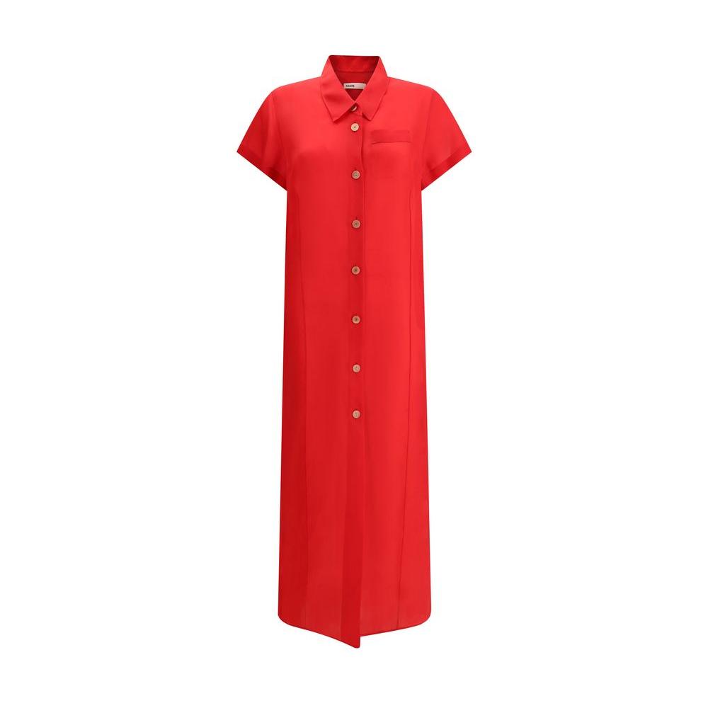 Khaite Effy Silk Dress with short sleeves, front button closure, and faux breast pocket in vibrant red color.
