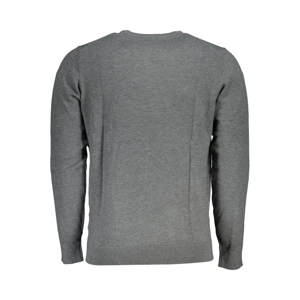 Back view of Norway 1963 gray crew neck fabric sweater with long sleeves and logo embroidery.