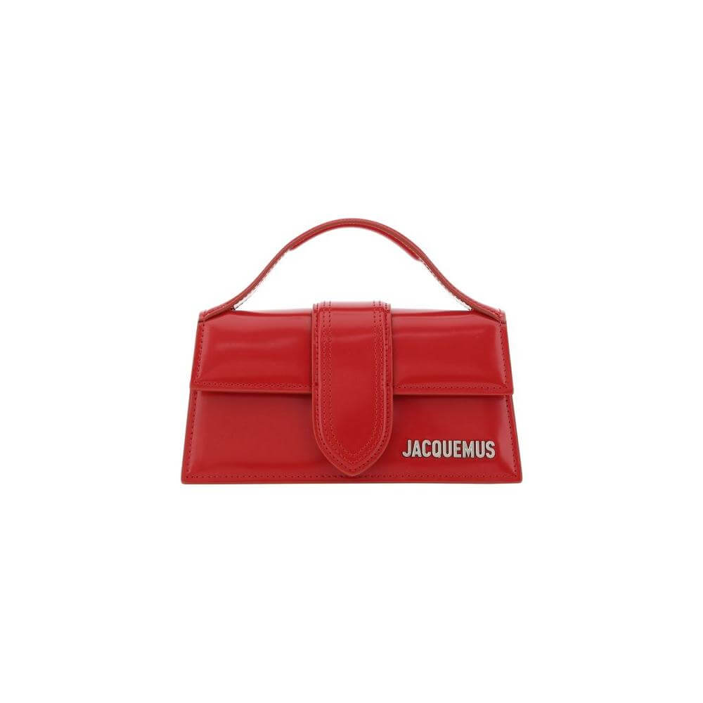 Red Jacquemus Le Bambino Handbag with top handle and logo, showcasing modern geometric design and elegant style.