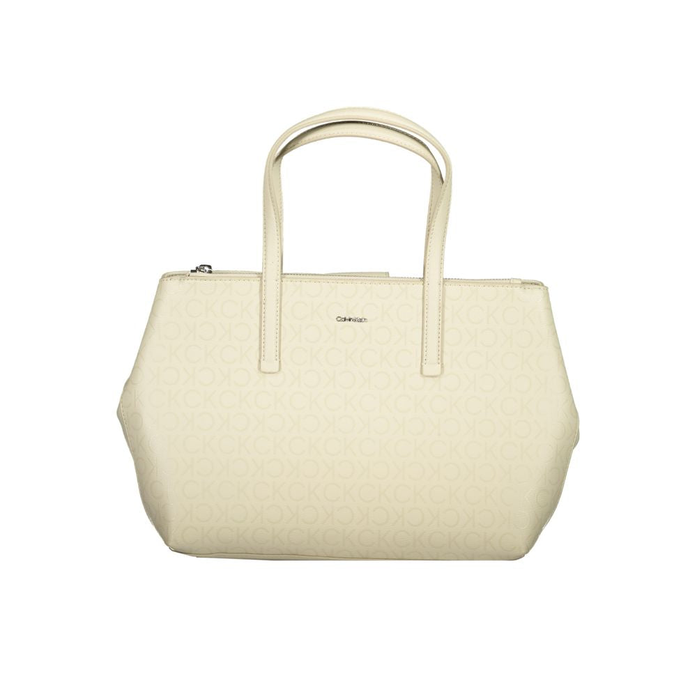 Calvin Klein beige polyester handbag with two handles, adjustable strap, external pocket, zip closure, and logo details.