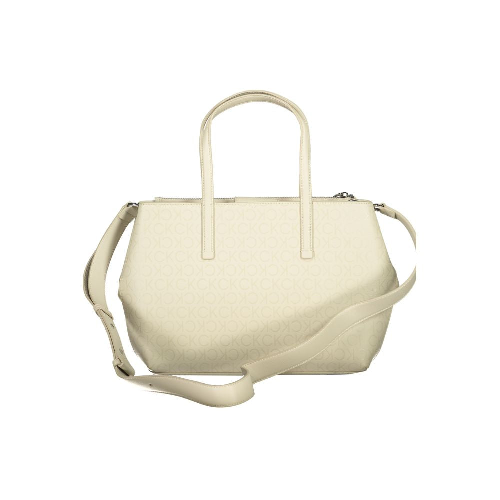Calvin Klein beige polyester handbag with two handles, adjustable removable strap, external pocket, recycled material, and contrasting details.