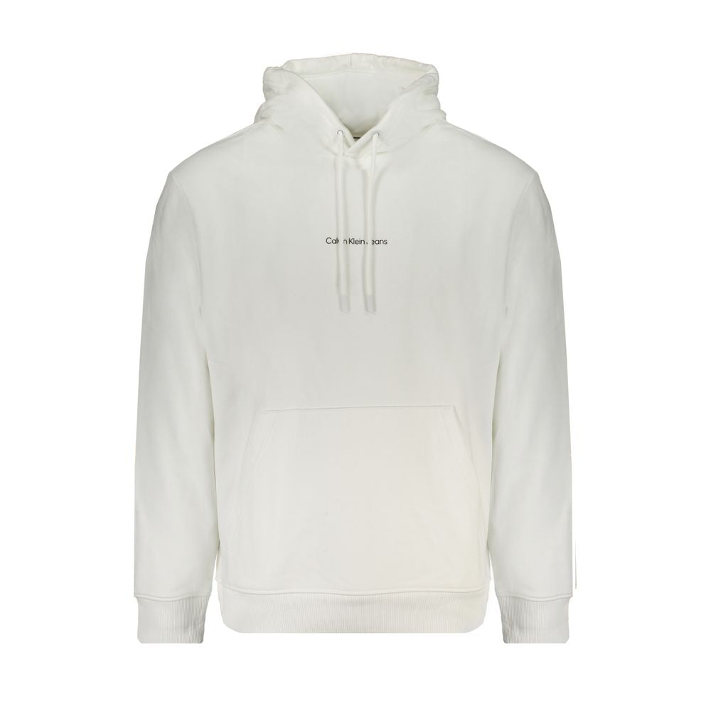 Calvin Klein white cotton sweater with hood and central pocket, made of 95% regenerative cotton, features printed logo design.