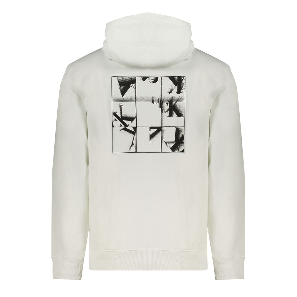 Calvin Klein white hooded sweatshirt with abstract logo print, long sleeves, central pocket, made from 95% regenerative cotton.