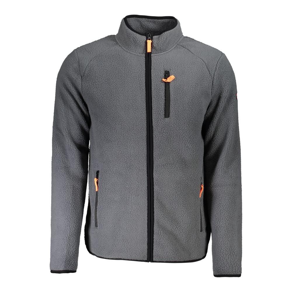 Gray polyester men's sweater with contrasting zip pockets, long sleeves, and stylish design for casual elegance. Norway 1963 collection.